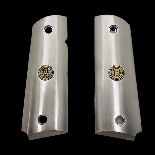 Stainless Steel 1911 full size grips Round Top With 24K Gold Medallions (Your Initials)