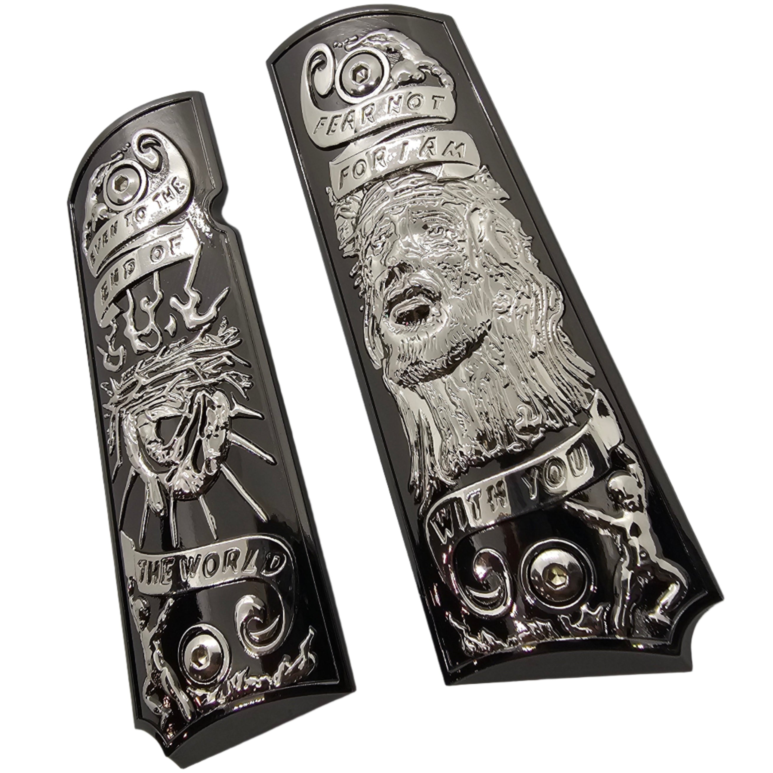 1911 Grips Full-Size Grips (Government/Commander) – Religious Design with Crown of Thorns and Jesus Engravings Fear Not for I Am with You, Ambi Cut, Screws Included