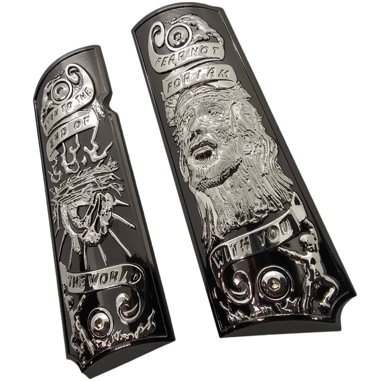 1911 Grips Full-Size Grips (Government/Commander) – Religious Design with Crown of Thorns and Jesus Engravings Fear Not for I Am with You, Ambi Cut, Screws Included