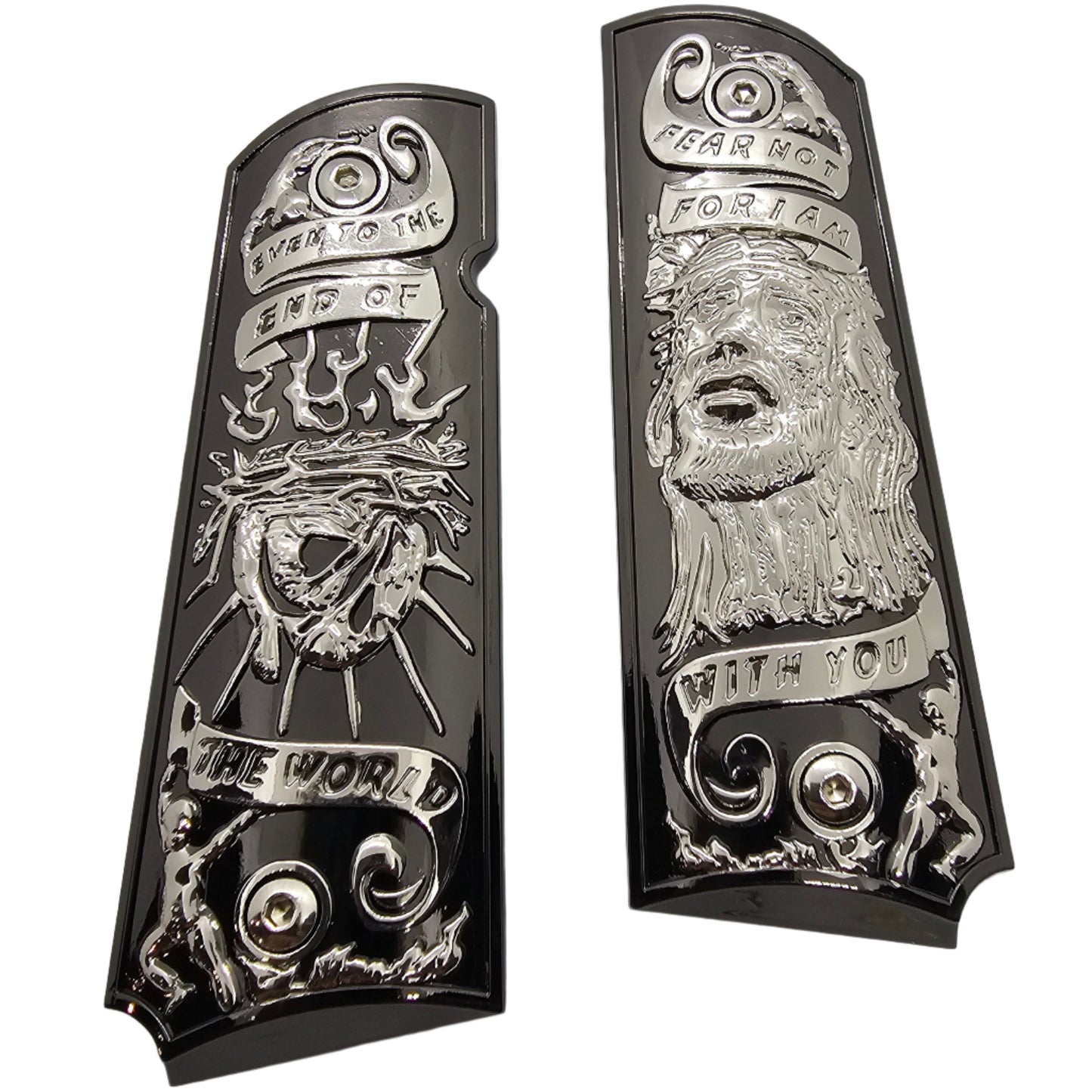 1911 Grips Full-Size Grips (Government/Commander) – Religious Design with Crown of Thorns and Jesus Engravings Fear Not for I Am with You, Ambi Cut, Screws Included