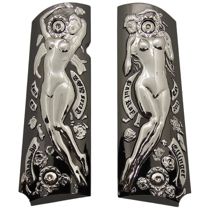 1911 Grips Full-Size (Government/Commander) – Polished Chrome Nude Female Engraving Design, Ambi Cut, Screws Included