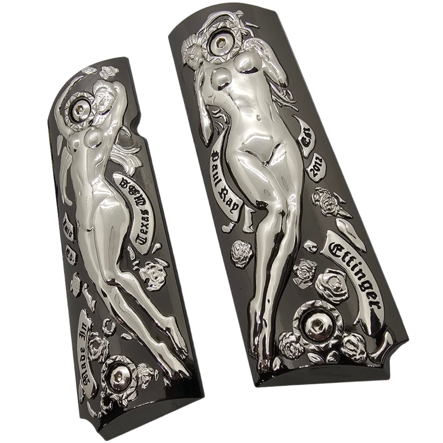 1911 Grips Full-Size (Government/Commander) – Polished Chrome Nude Female Engraving Design, Ambi Cut, Screws Included