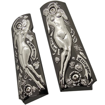 1911 Grips Full-Size (Government/Commander) – Polished Chrome Nude Female Engraving Design, Ambi Cut, Screws Included