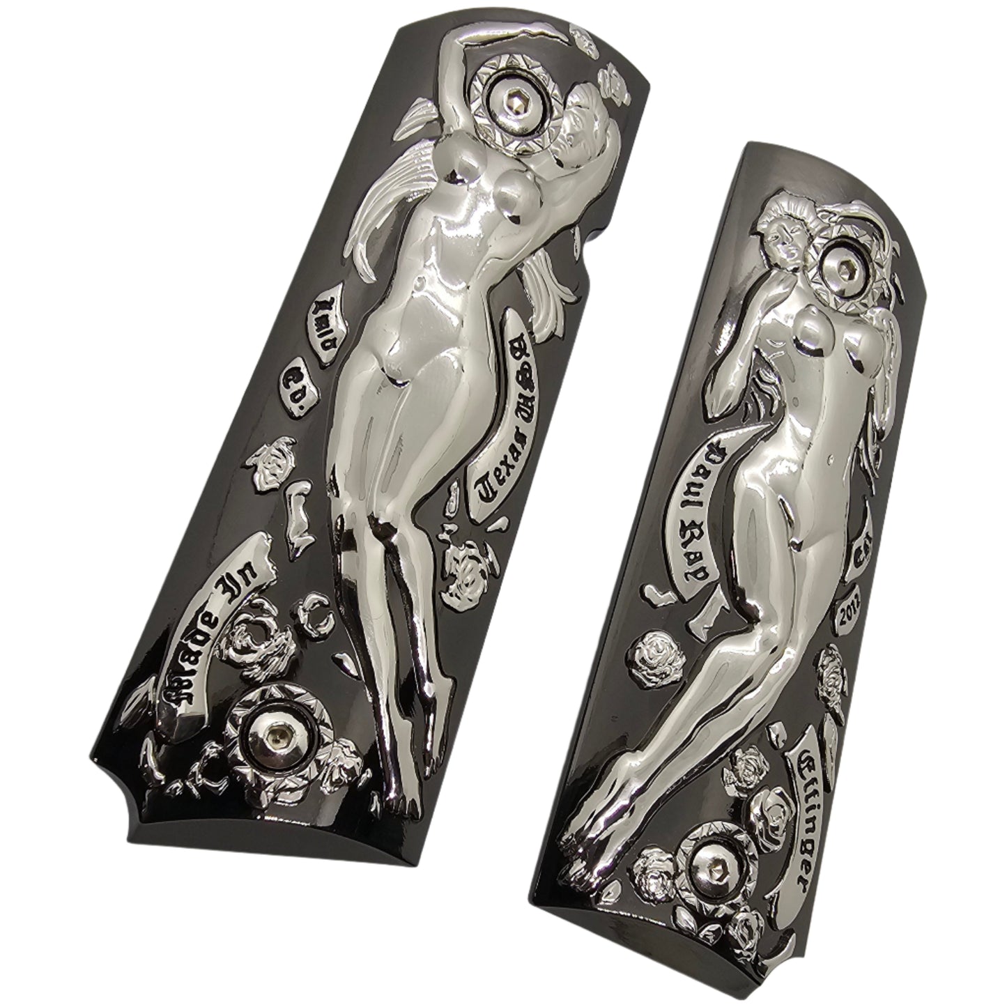 1911 Grips Full-Size (Government/Commander) – Polished Chrome Nude Female Engraving Design, Ambi Cut, Screws Included