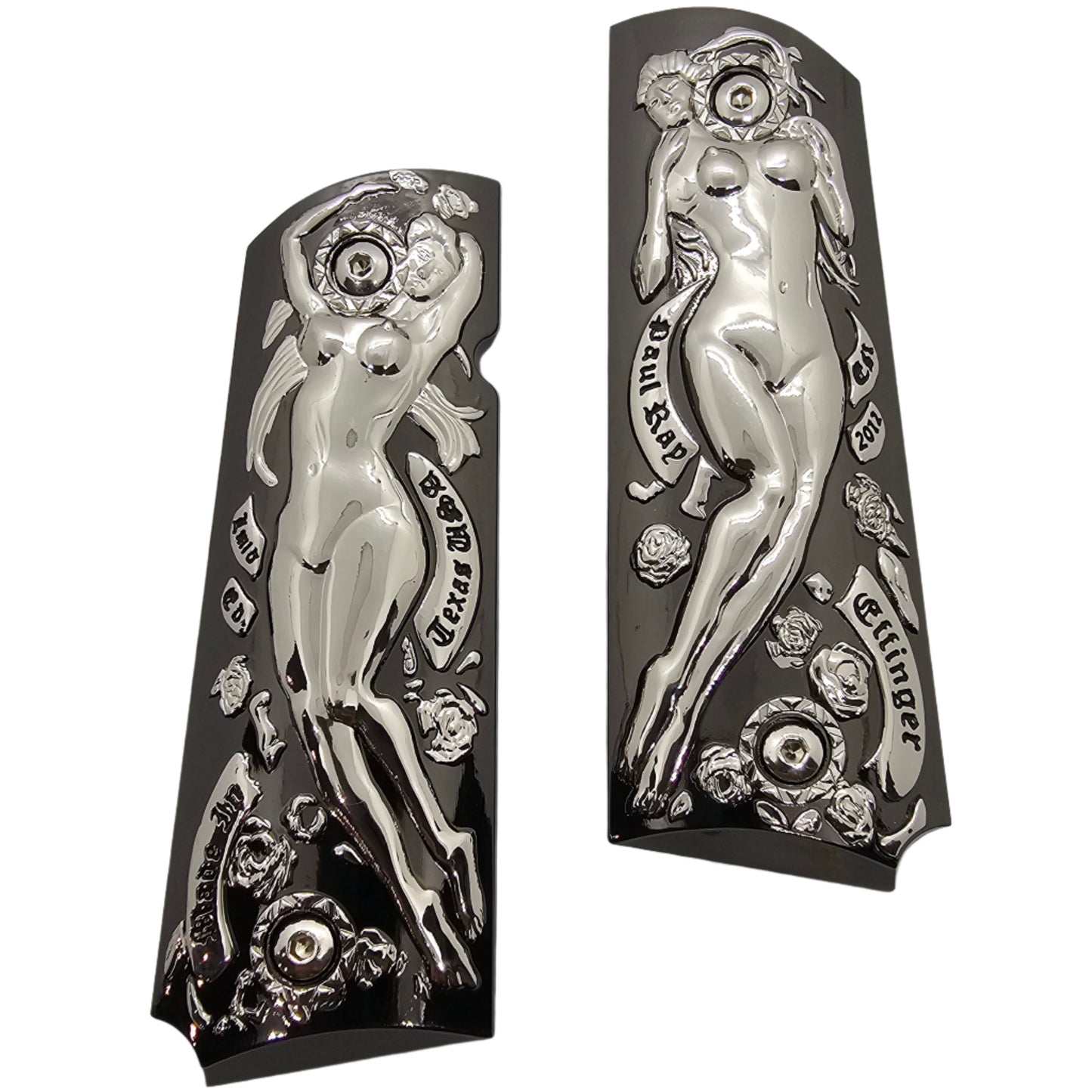 1911 Grips Full-Size (Government/Commander) – Polished Chrome Nude Female Engraving Design, Ambi Cut, Screws Included