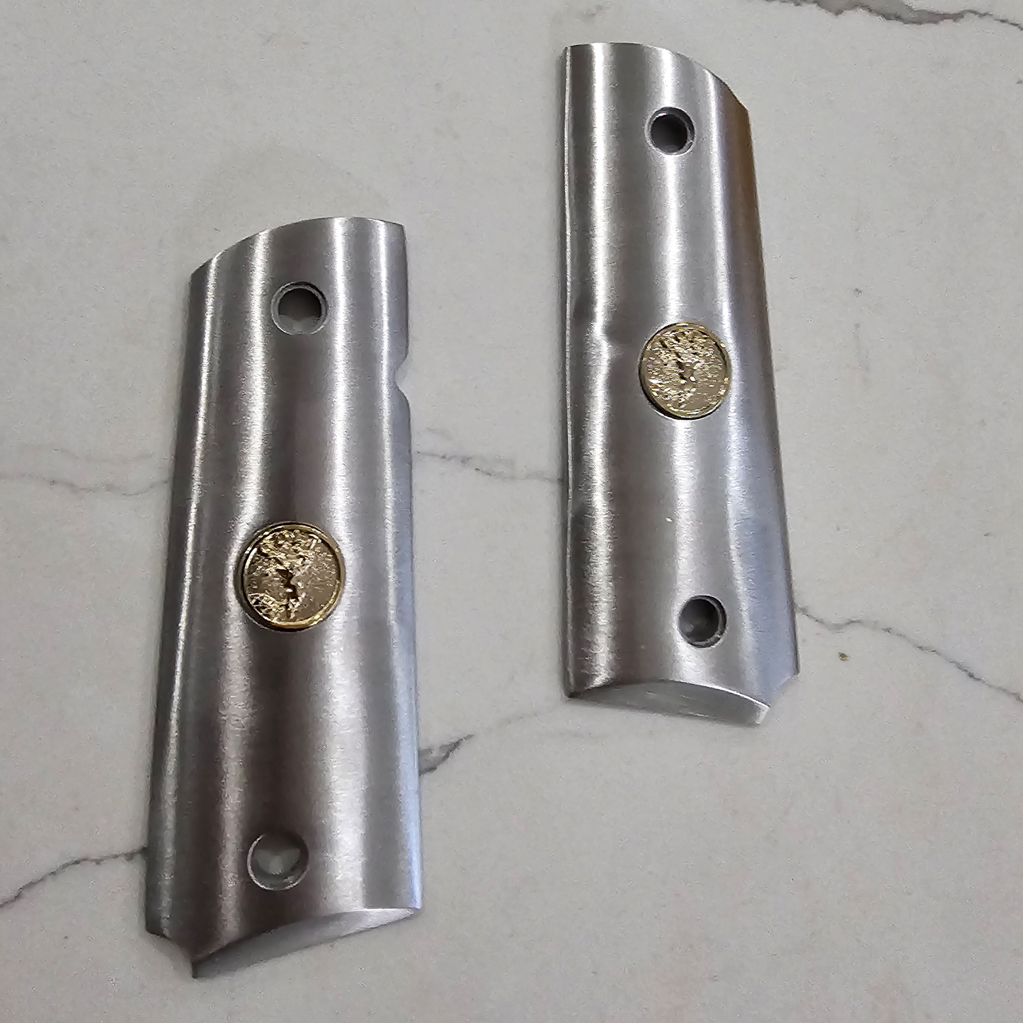 Stainless Steel 1911 full size grips Round Top Colt Medallions Gold