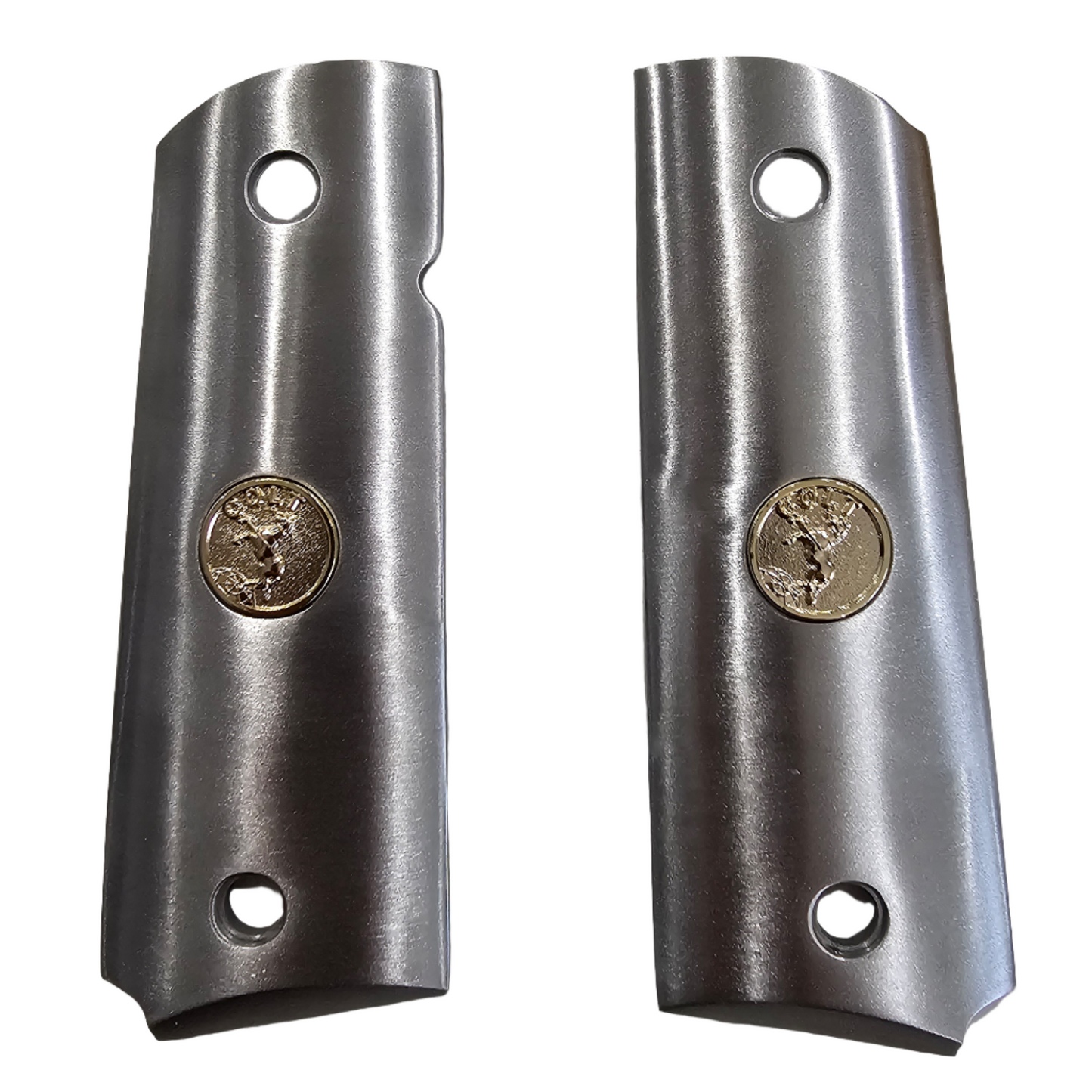 Stainless Steel 1911 full size grips Round Top Colt Medallions Gold