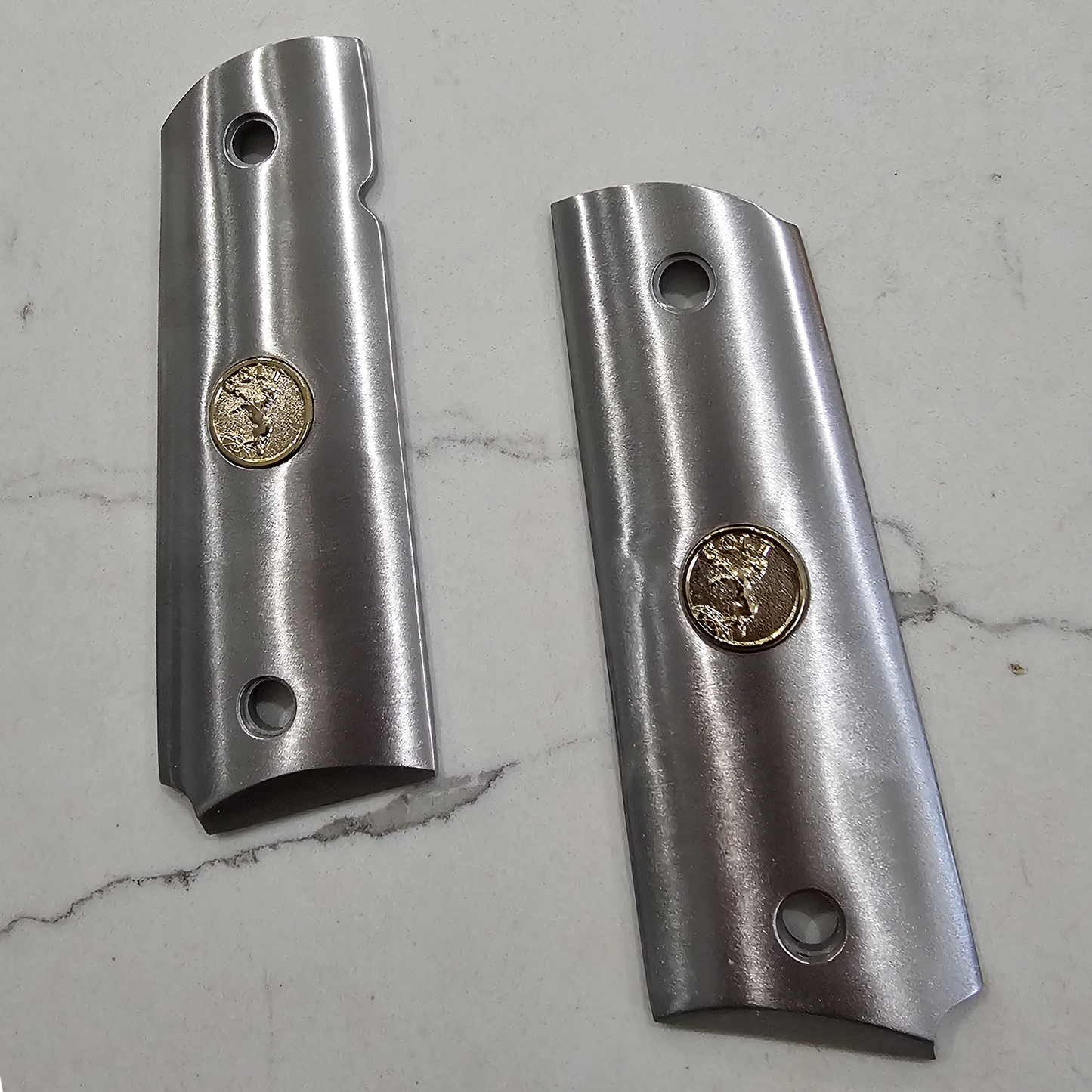 Stainless Steel 1911 full size grips Round Top Colt Medallions Gold