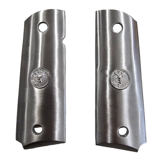 Stainless Steel 1911 full size grips Round Top Colt Medallions Silver