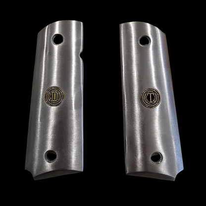 Stainless Steel 1911 full size grips Round Top D T Initials Medallions Silver