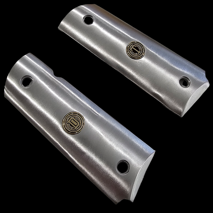 Stainless Steel 1911 full size grips Round Top D T Initials Medallions Silver