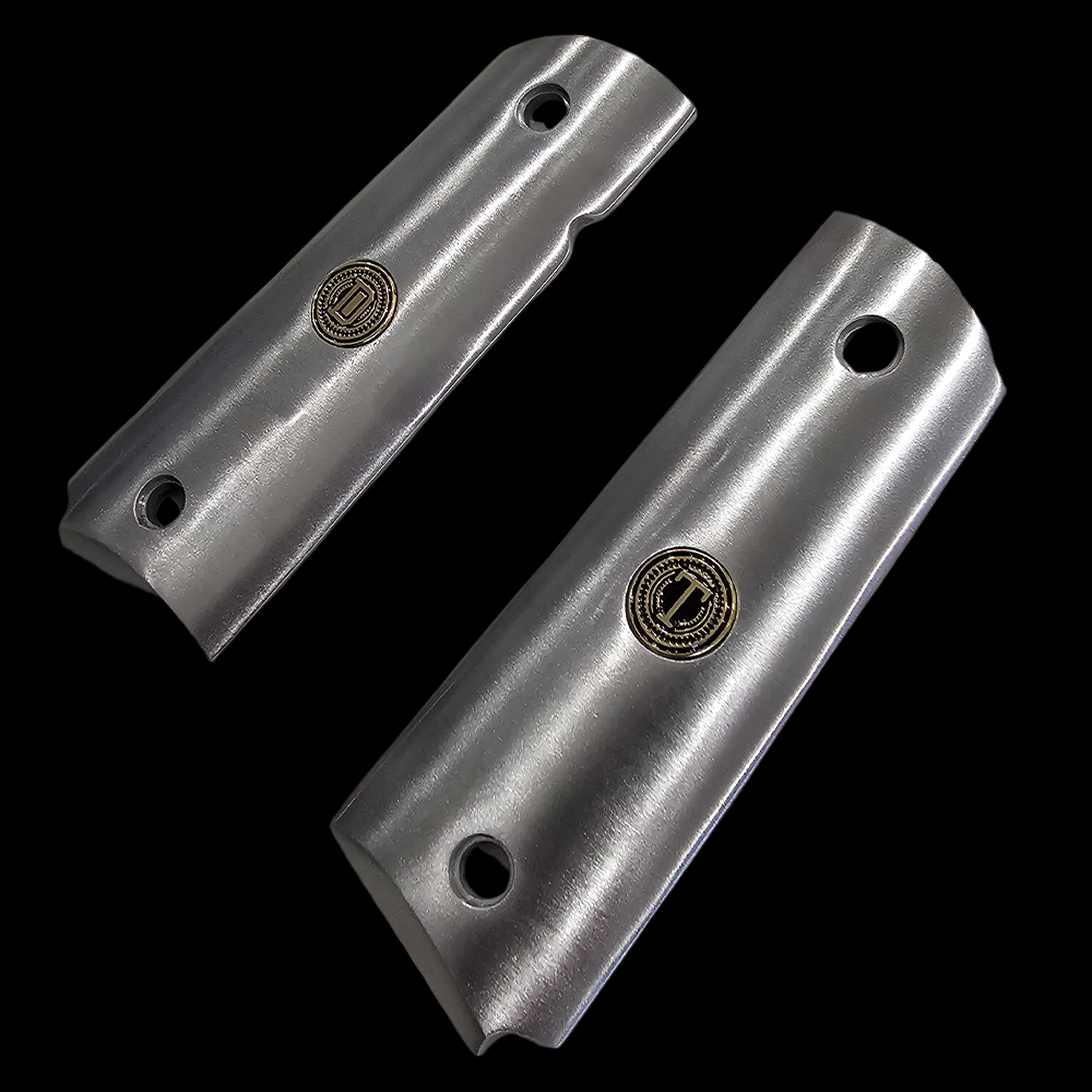 Stainless Steel 1911 full size grips Round Top D T Initials Medallions Silver