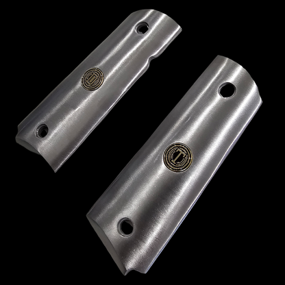 Stainless Steel 1911 full size grips Round Top D T Initials Medallions Silver