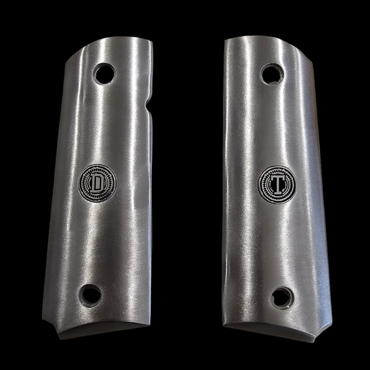 Stainless Steel 1911 full size grips Round Top D T Initials Medallions Silver