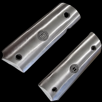 Stainless Steel 1911 full size grips Round Top D T Initials Medallions Silver