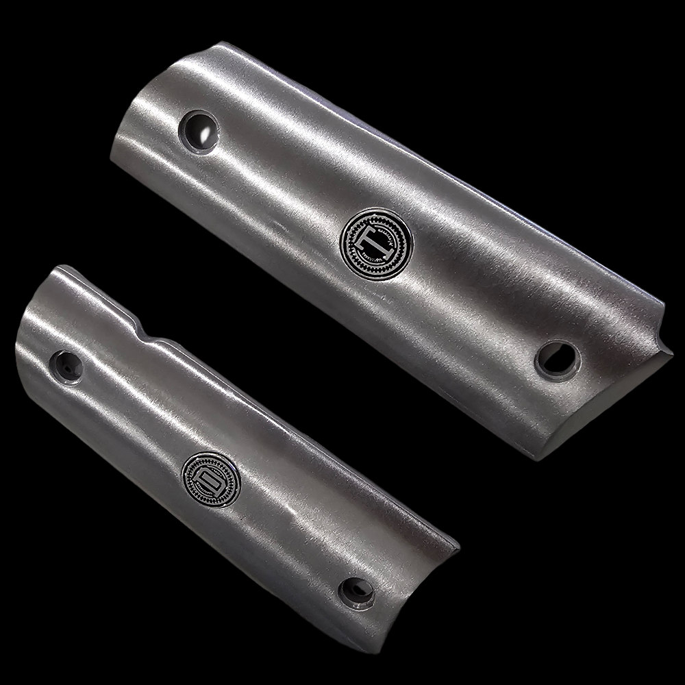 Stainless Steel 1911 full size grips Round Top D T Initials Medallions Silver